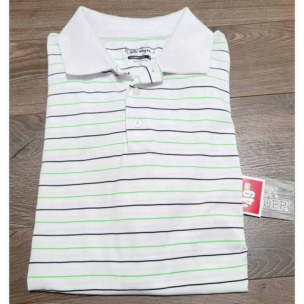 Walter Hagen Polo Moisture Wicking Athletics Navy Green Stripe Shirt